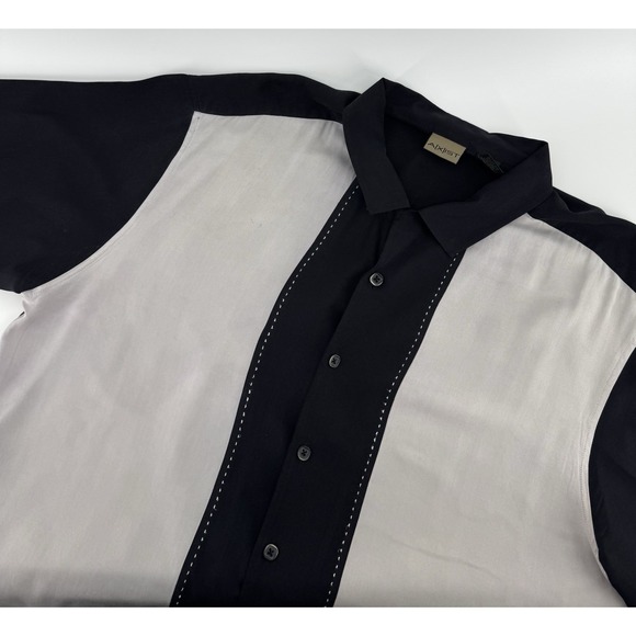 Axist Men's Short Sleeve Button Down Dress Shirt Black & Ivory 100% Silk Size XL - Picture 3 of 11